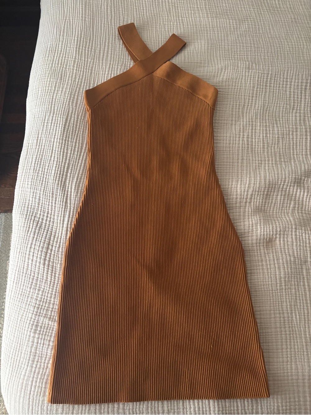 Aritzia Ribbed Cross-Neck Bodycon Dress in Rust
